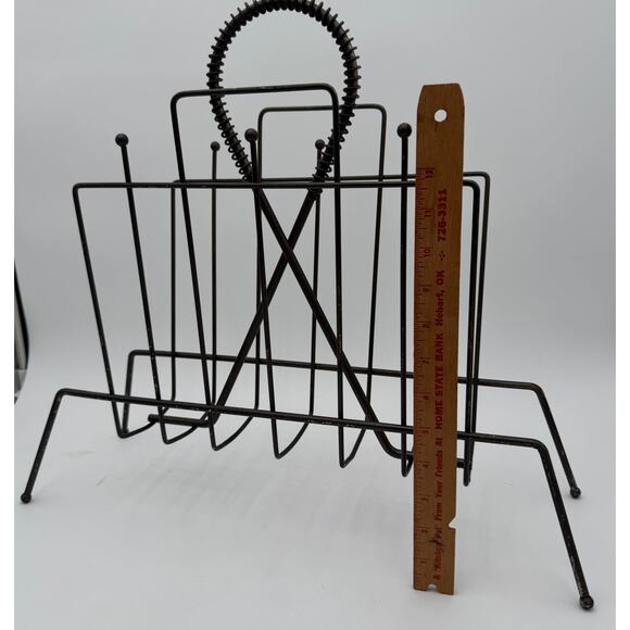 Vintage MCM mid century modern 50s Black Metal Wire Magazine Record Rack Atomic - Picture 3 of 7